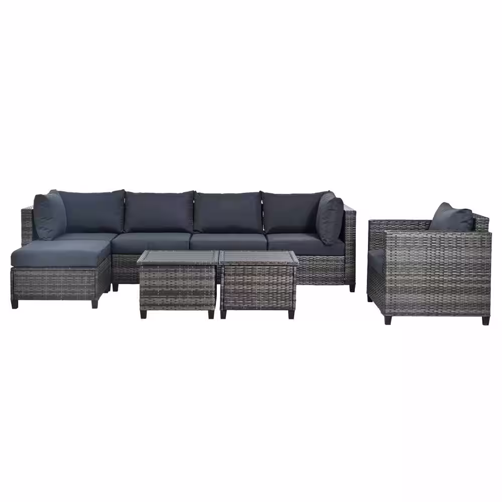 Nestfair 8-Piece Wicker Patio Conversation Set with Gray Cushions and 2 Coffee Tables