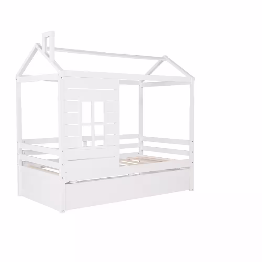Harper & Bright Designs White Twin Wood House Bed with Trundle
