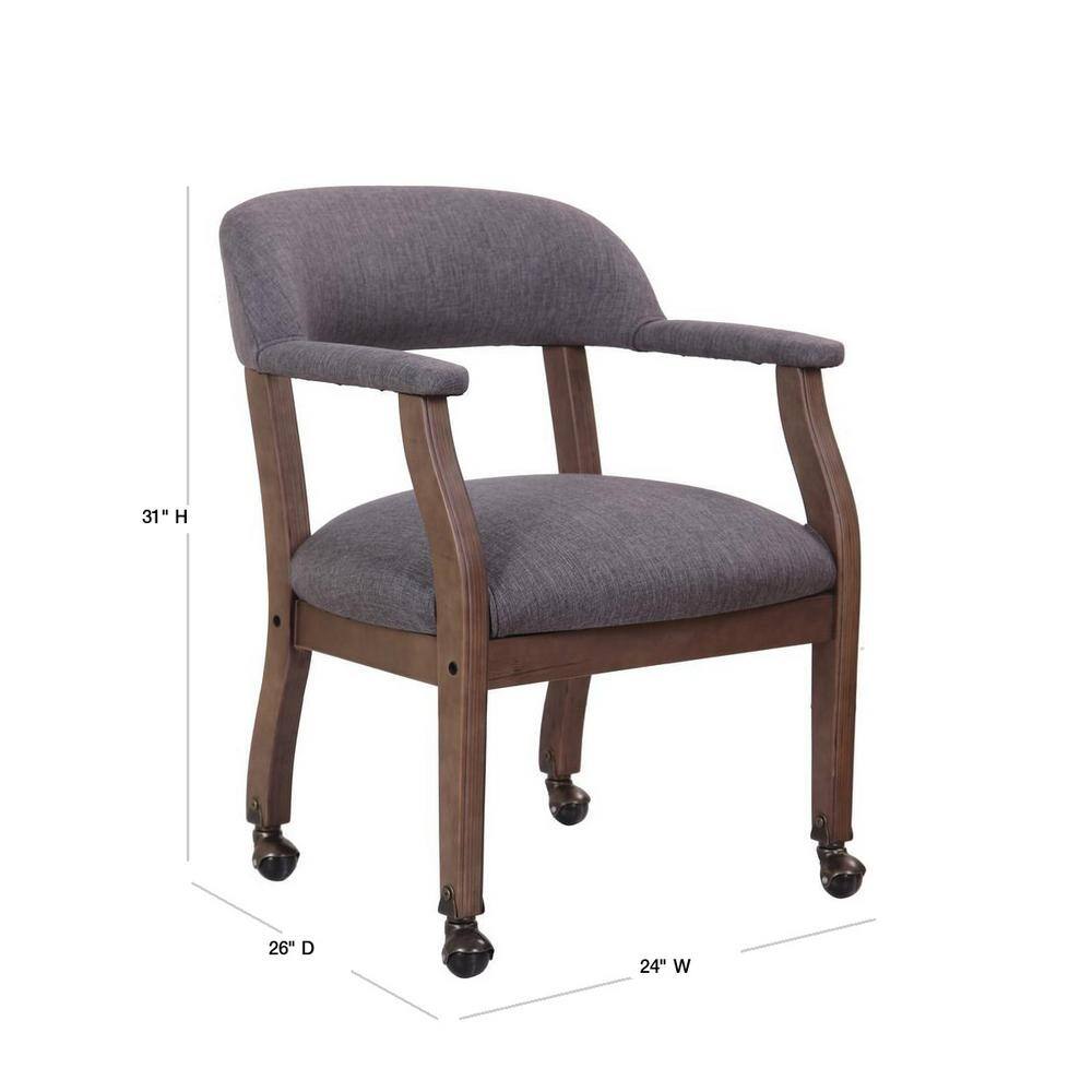 BOSS Office Products Gray Fabric Traditional Rolling Captains Chair with Driftwood Finish, Brass Hooded Casters