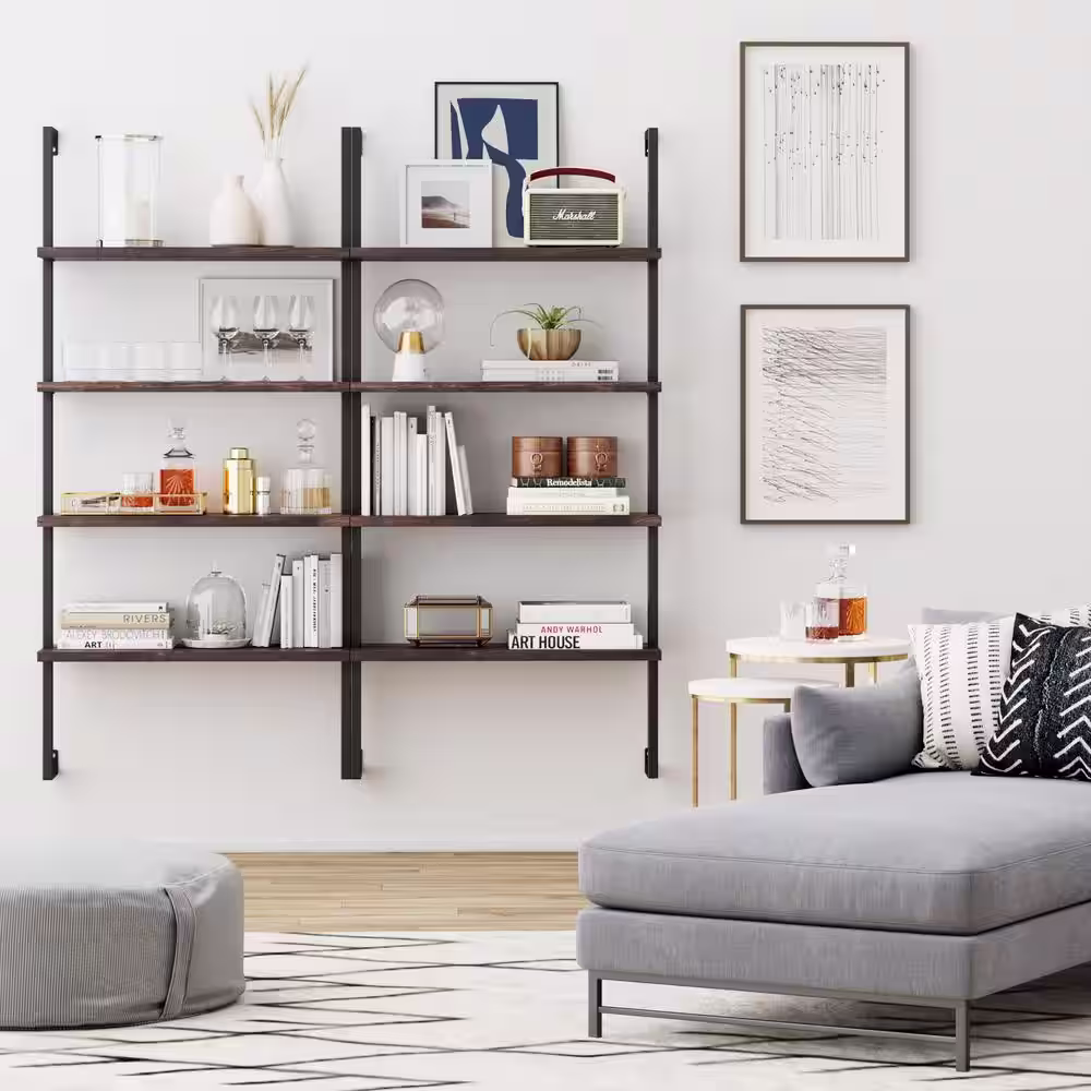 Nathan James Theo Nutmeg Brown 4-Shelf Wood 64 in. Black Pipe Metal Frame Floating Wall Mount Shelves Bookcase