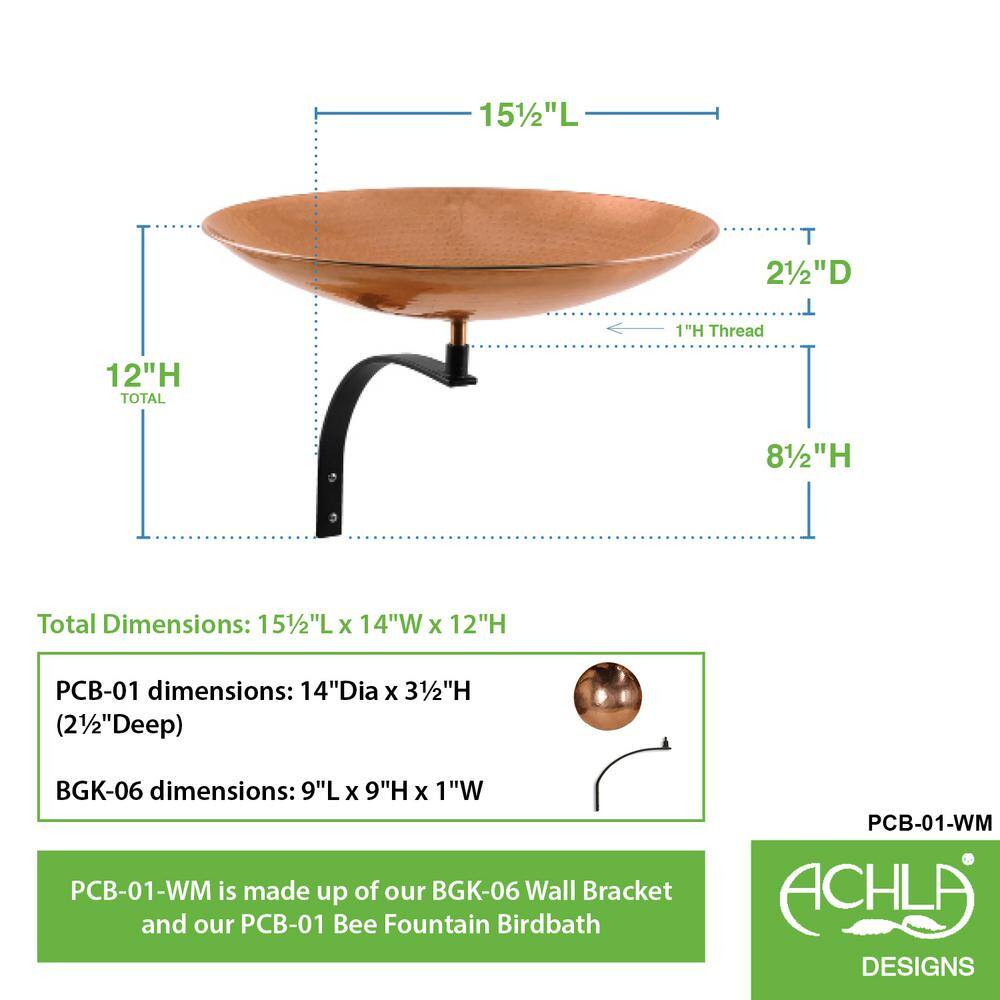 Achla Designs 16 in. Dia Polished Copper Plated Stainless Steel Birdbath Bowl with Wall Mount Bracket