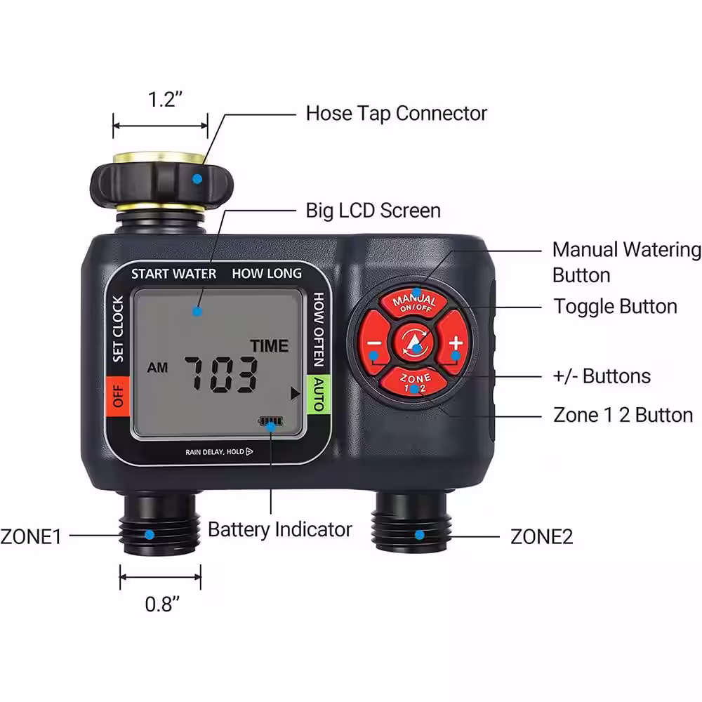 None Sprinkler Timer 2 Zone, Water Hose Timer with Rain Delay/Manual Watering/Automatic Irrigation Timer,