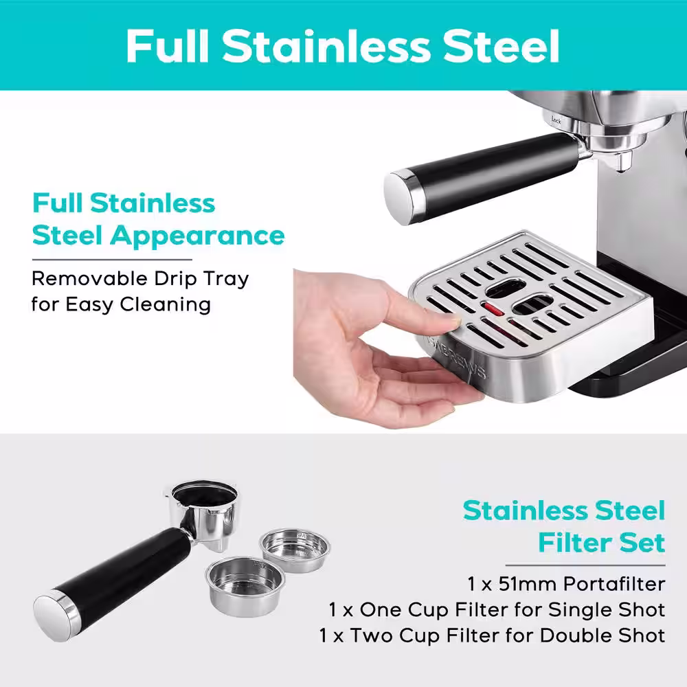 CASABREWS 3700 Essential 20-Cups Sliver Stainless Steel Espresso Machine with Space Saving Design