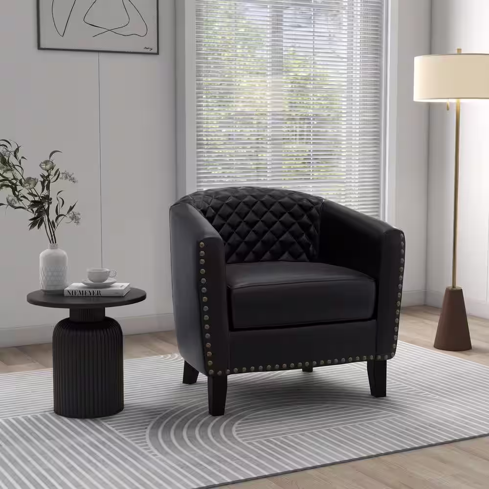 Uixe Mid-Century Black PU Leather Nailhead Trim Upholstered Accent Barrel Chair With Solid Wood Legs