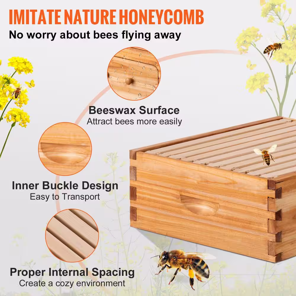 None Bee Hive 10-Frame Complete Beehive Kit 100% Beeswax Natural Wood Includes 1 Medium Box with 10 Wooden Frames and Waxed