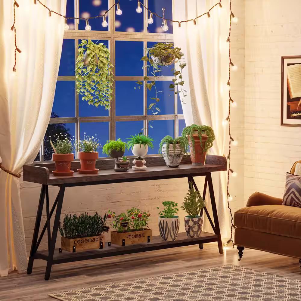 BYBLIGHT TurrellaÂ 70.9 in. Gray Rectangle Engineered Wood Console Table, Extra Long Sofa Table with 2-Tier Shelf