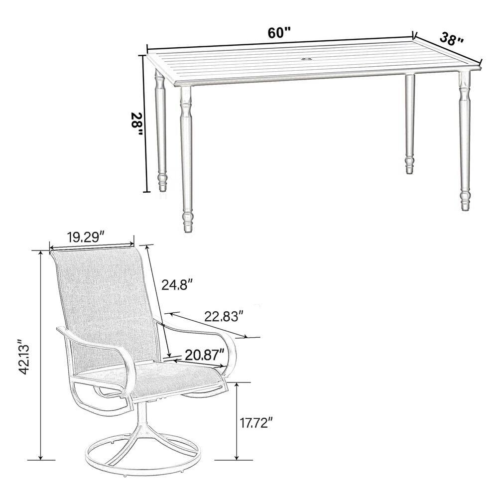 None Black 7-Piece Metal Rectangle Patio Outdoor Dining Set with Slat Table and Textilene Swivel Chairs