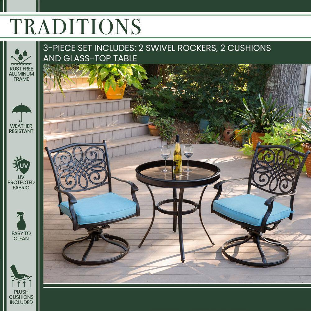 Hanover Traditions 3-Piece Aluminum Outdoor Bistro Set with Swivel Chairs with Blue Cushions