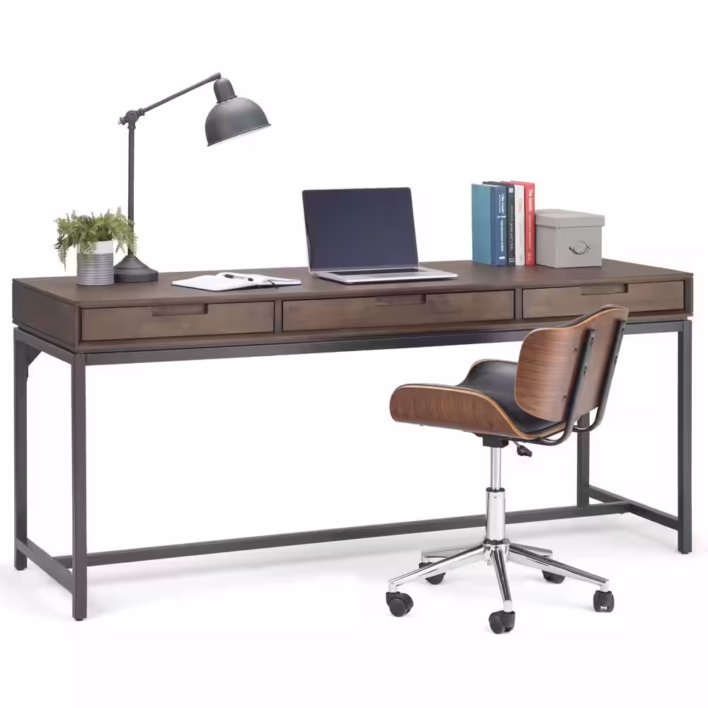 Simpli Home Banting Solid Hardwood Industrial 72 in. Wide Desk in Walnut Brown