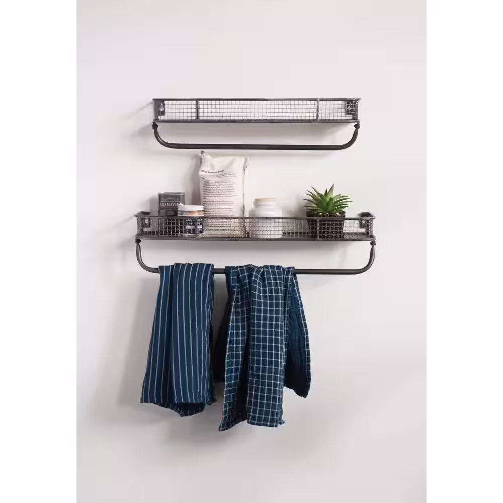 Storied Home Gray Metal Floating Wall Shelves with Hanging Bar (Set of 2)