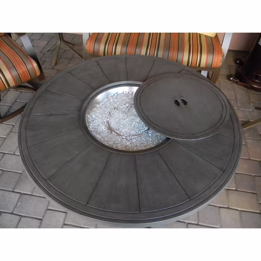 Hiland 44 in. x 24 in. Round Aluminum Propane Fire Pit in Brushed Wood Finish