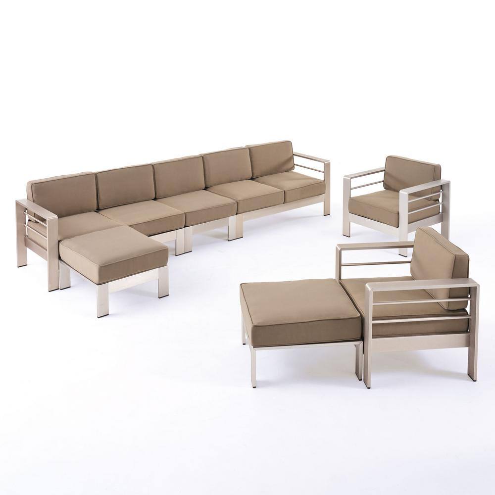 Noble House Cape Coral Silver 7-Piece Aluminum Patio Conversation Sectional Seating Set with Khaki Cushions