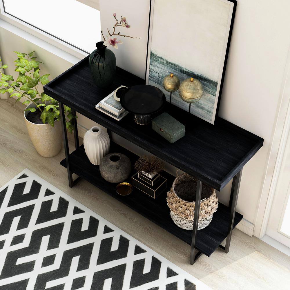 Furniture of America Bonte 48 in. Rustic Black Standard Rectangle Console Table with Shelf