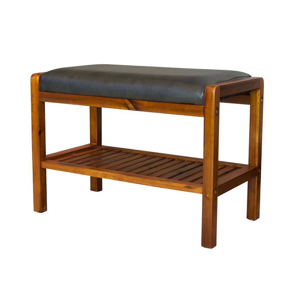 None Dark Mahogany Bench with Slatted Shelf 17 in. H x 23.75 in. W x 12.5 in. D