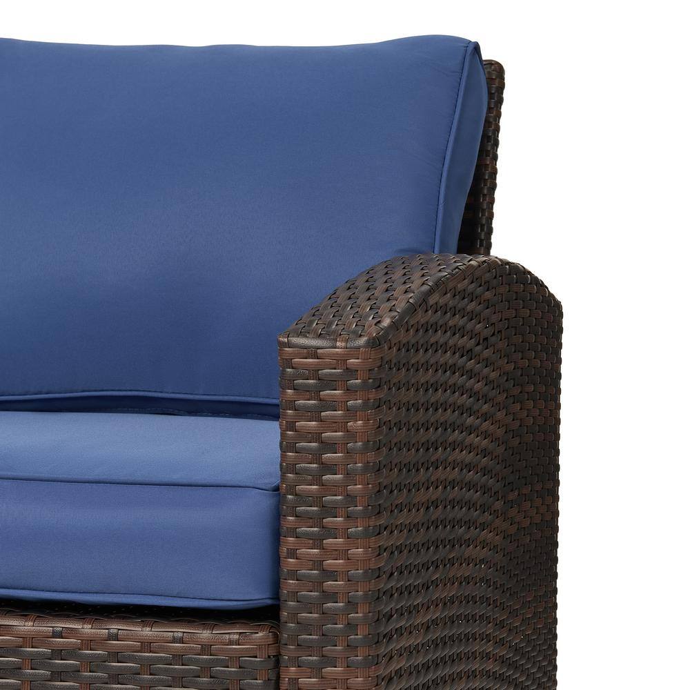 None 6-Piece Wicker Patio Conversation Set with Blue Cushions and Ottomans