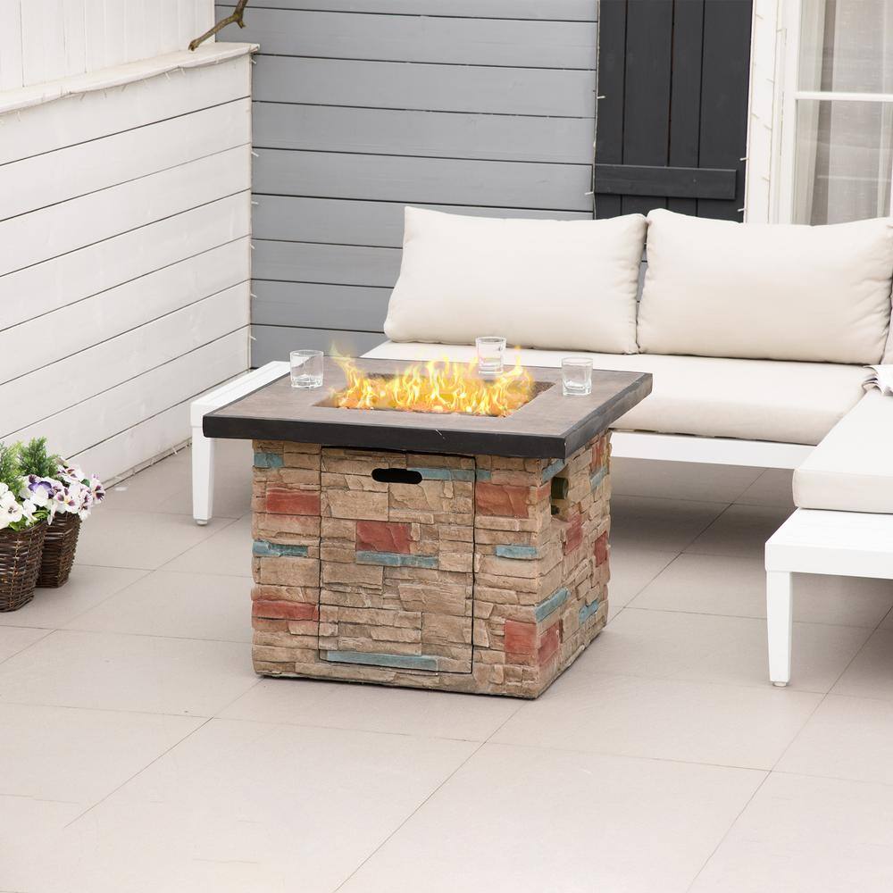 Outsunny Square Stone Fire Pit Table with Protective Cover