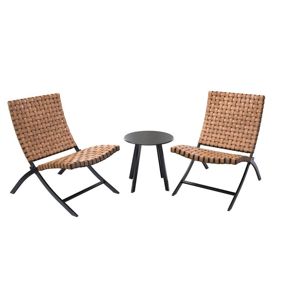 Yangming 3-Piece Rattan Patio Set Furniture Foldable Wicker Lounger Chairs w/Coffee Table for Outdoor Lawn Garden Balcony Natural