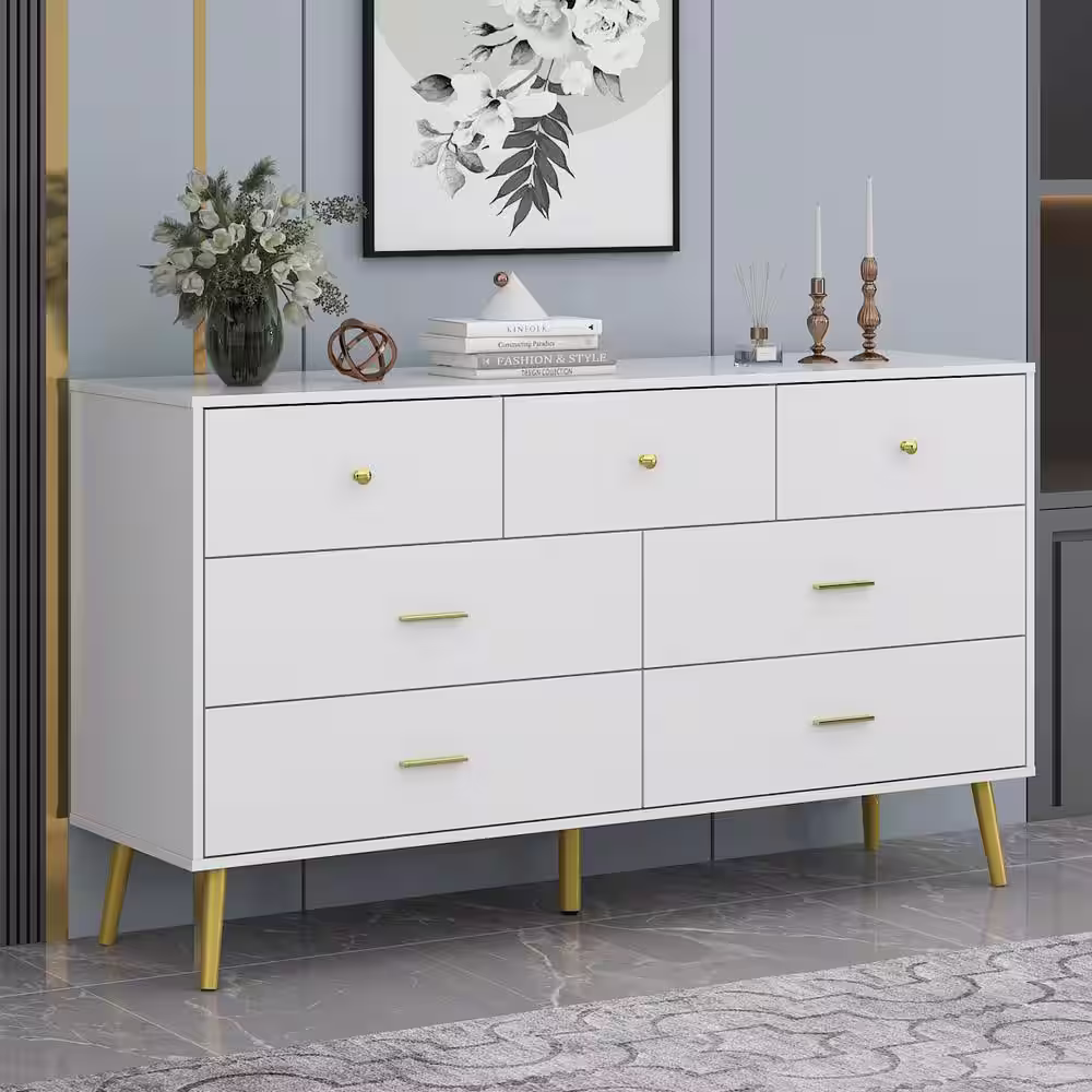 FUFU&GAGA 7-Drawer White Dresser, 31.5 in H-55.9 in W-15.7 in D
