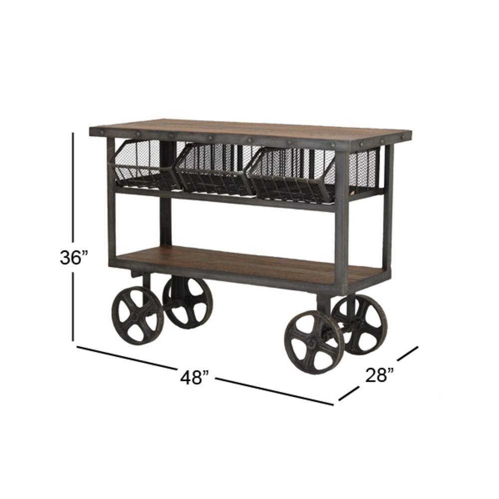 Litton Lane 48 in. Black Extra Large Rectangle Metal Industrial Rolling Cart 3 Basket Drawers Console Table