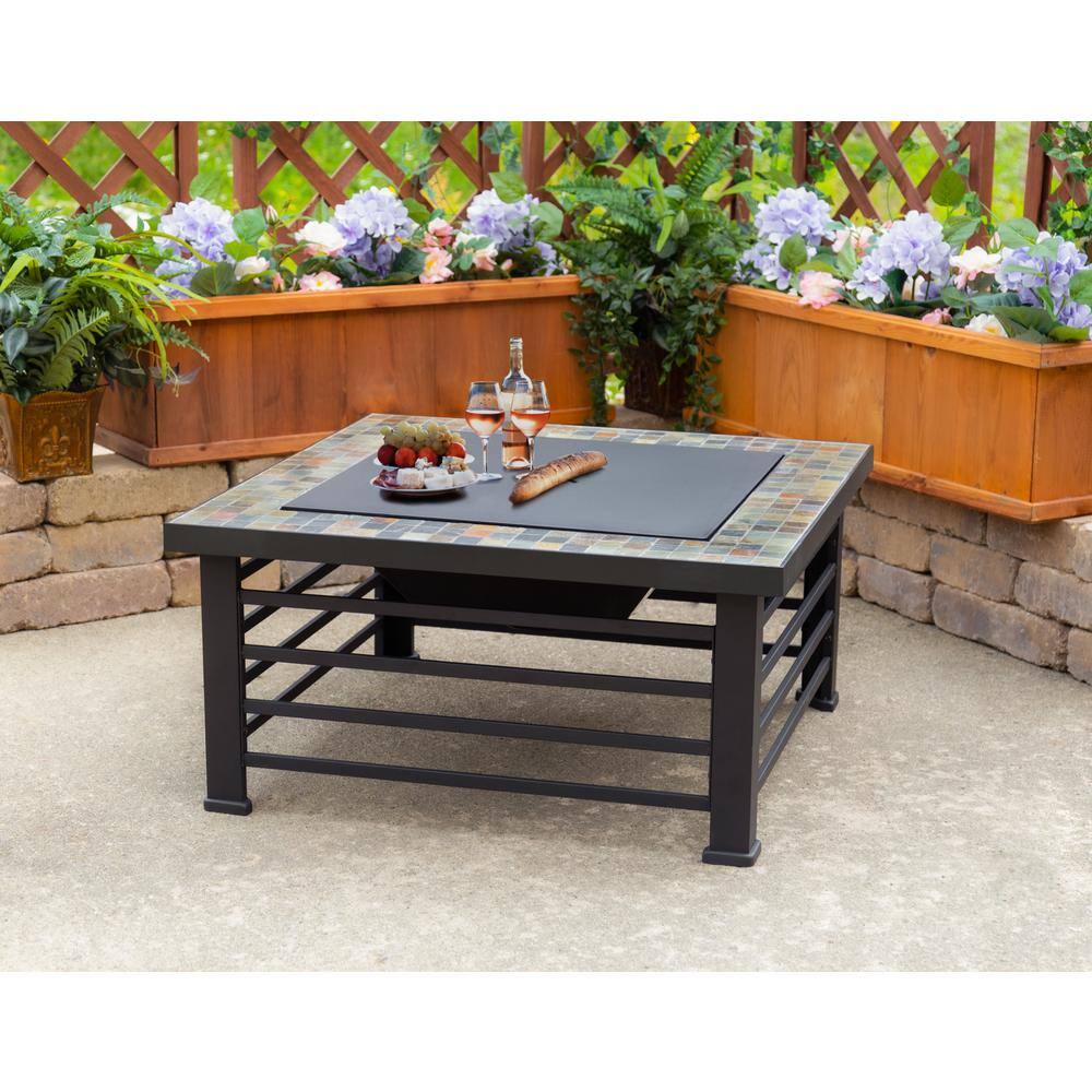 Pleasant Hearth Cascade Slate Top 34 in. Wx22.5 in. H Square Steel Wood Black Fire Pit