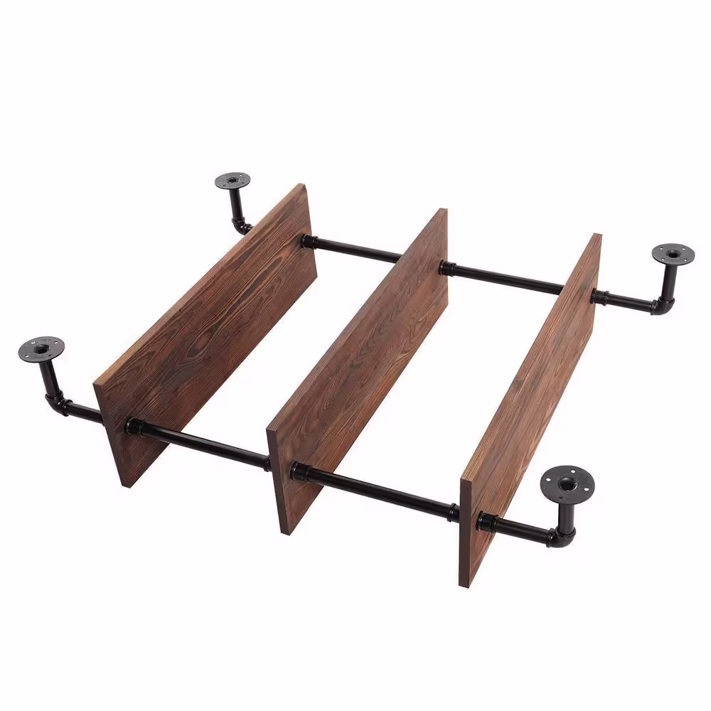 None 3-Tier Rustic Brown Industrial Wall-Mounted Metal Frame Pipe Shelf
