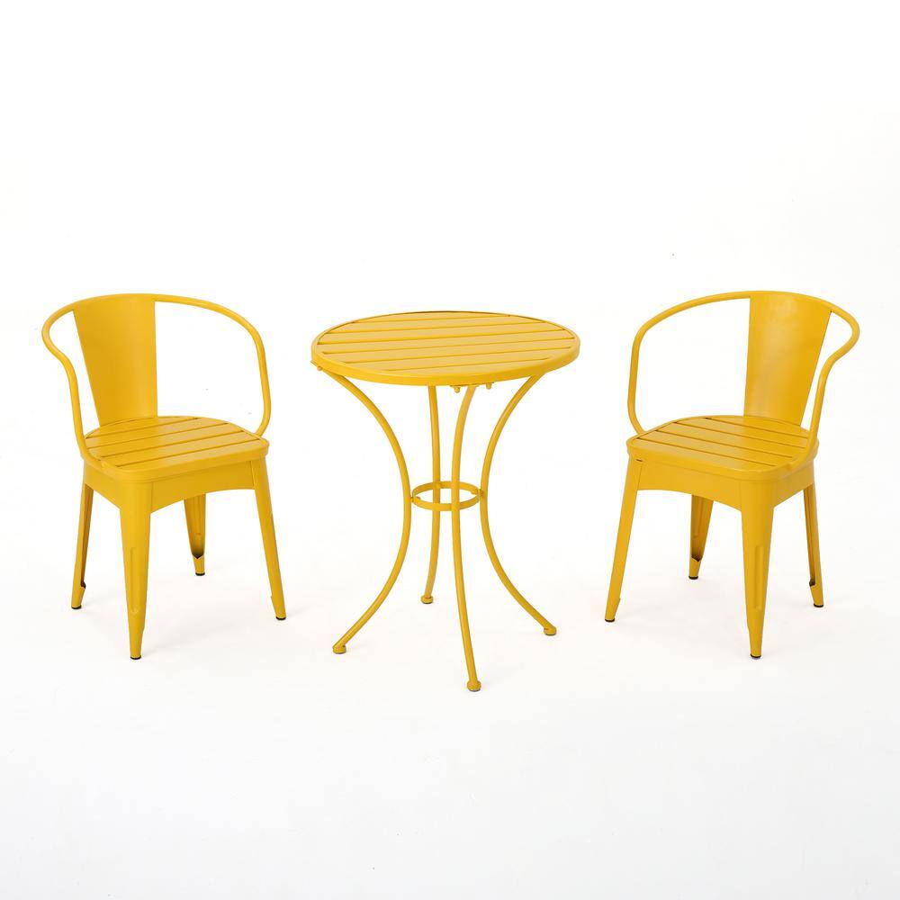 Noble House Colmar Matte Yellow 3-Piece Metal Outdoor Bistro Set