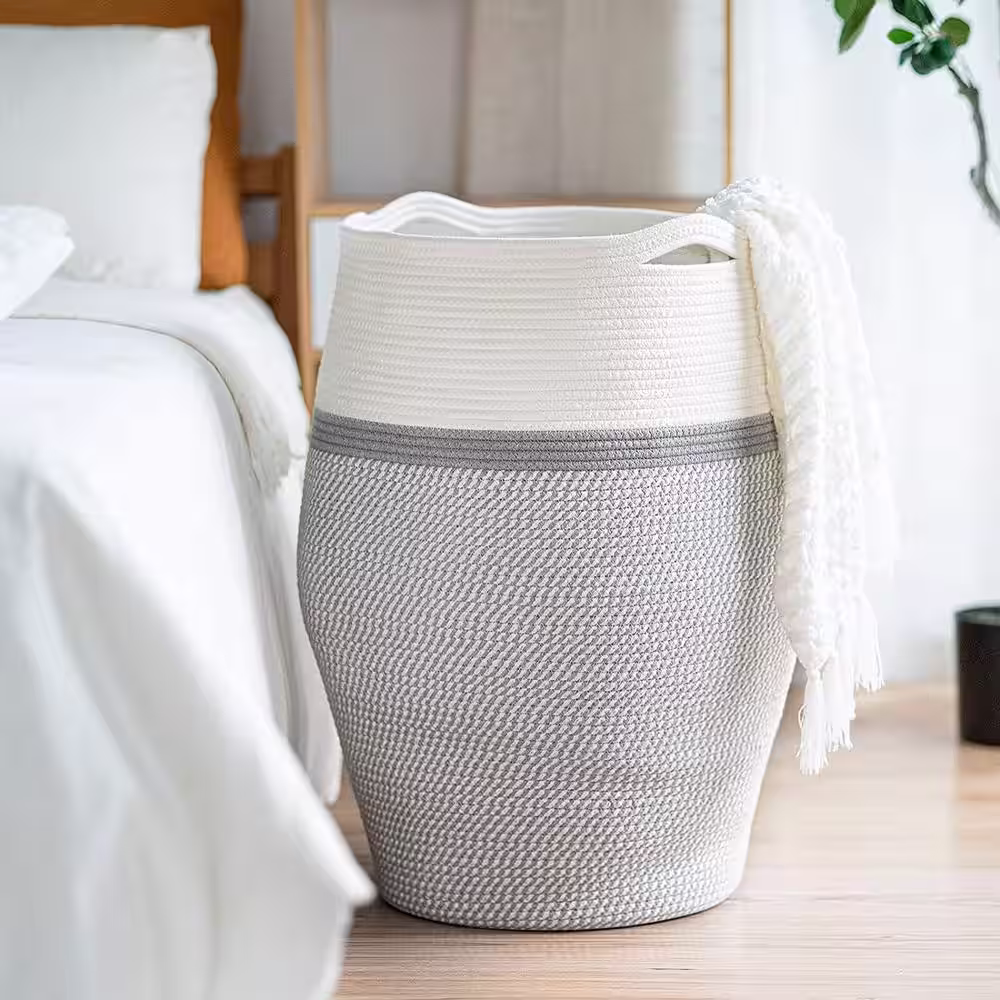 None 19.3 in. W x 19.3 in. D x 25.6 in. H Jute Laundry Basket Hamper Gray