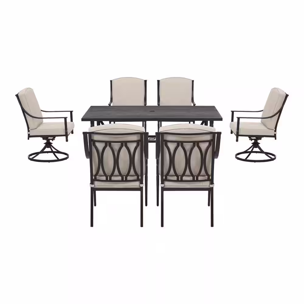 Hampton Bay Tully Park 7-Piece Metal Rectangle Outdoor Dining Set with CushionGuard Putty Tan Cushions