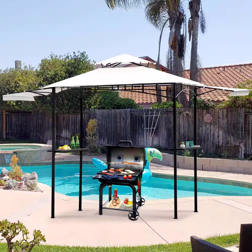None 13 ft. L x 4.5 ft. W Metal White Double Tiered Patio BBQ Grill Gazebo with Bar Counters and Extendable Shades