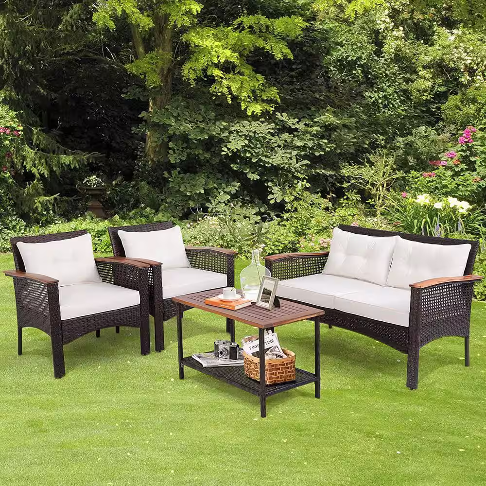 Alpulon 4-Pieces Patio Rattan Acacia Wood Patio Conversation Set with White Cushions
