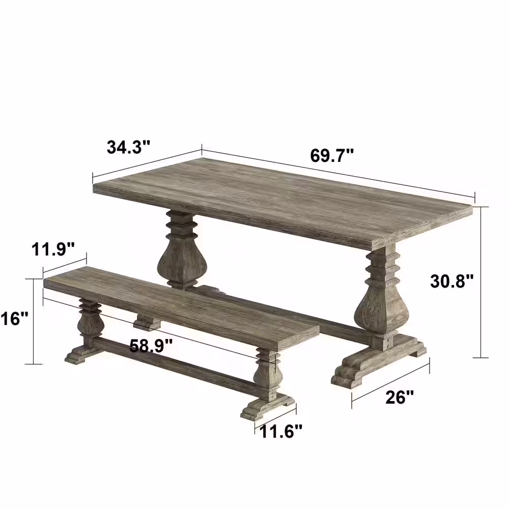 None 69.7 in. W Gray Oak Wood Double Pedestal Dining Set With Bench