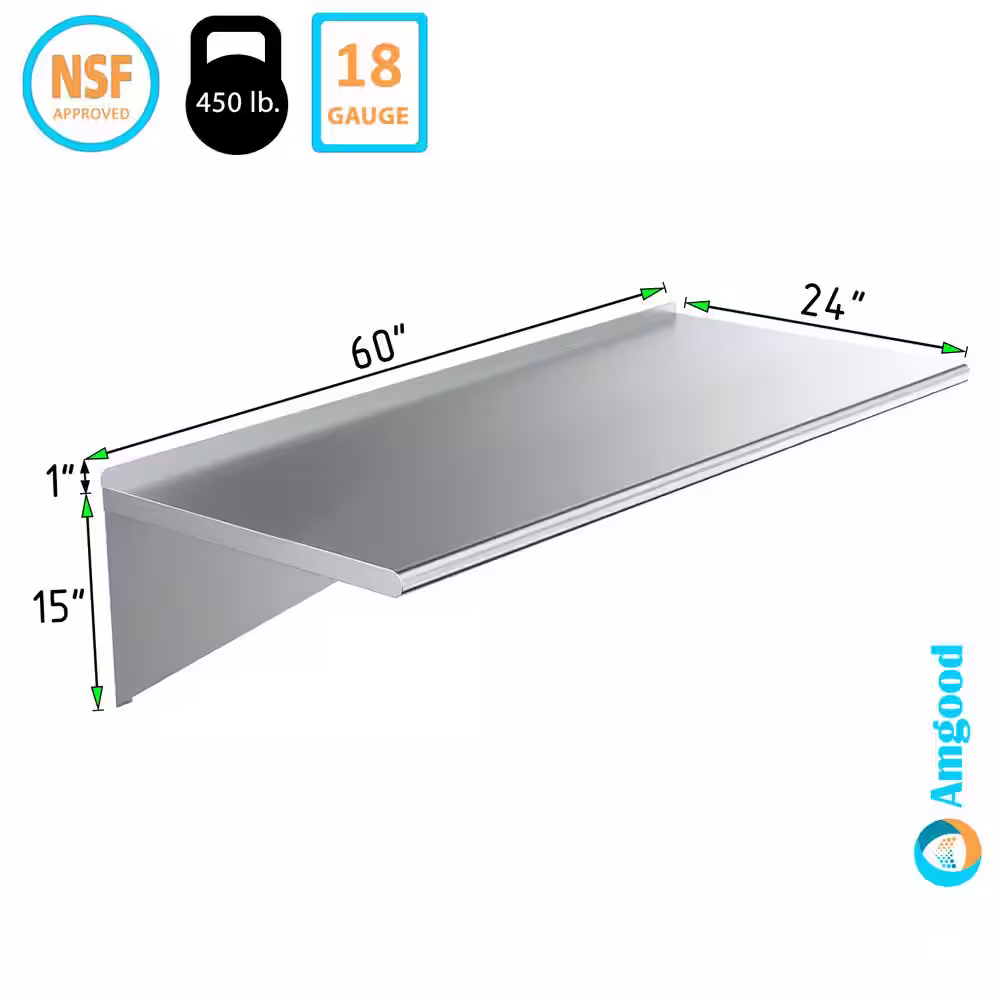 None 24 in. x 60 in. Stainless Steel Wall Shelf Kitchen, Restaurant, Garage, Laundry, Utility Room Metal Shelf with Brackets