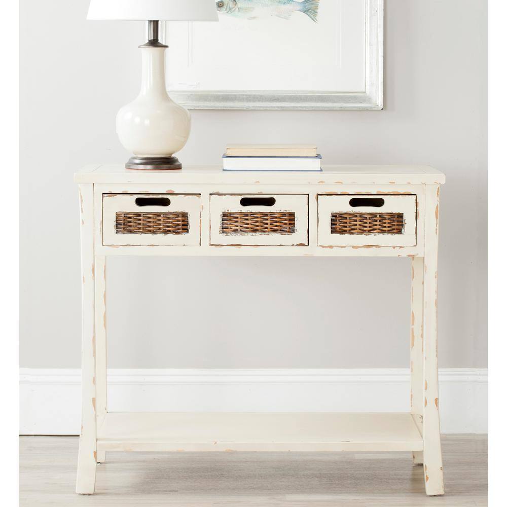 SAFAVIEH Autumn 34 in. 3-Drawer Rustic White/Cream Wood Console Table