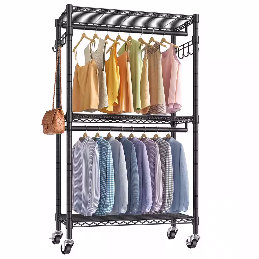 None Black Metal Garment Clothes Rack with Wheels 29.5 in. W x 76.8 in. H