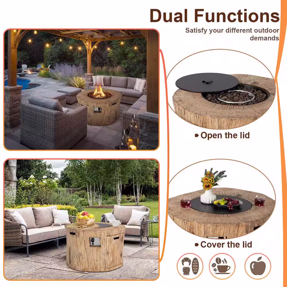 None 40 in. Stone Metal Round Propane Gas Fire Pit Table Wood-Like Surface with Laval Rock PVC Cover