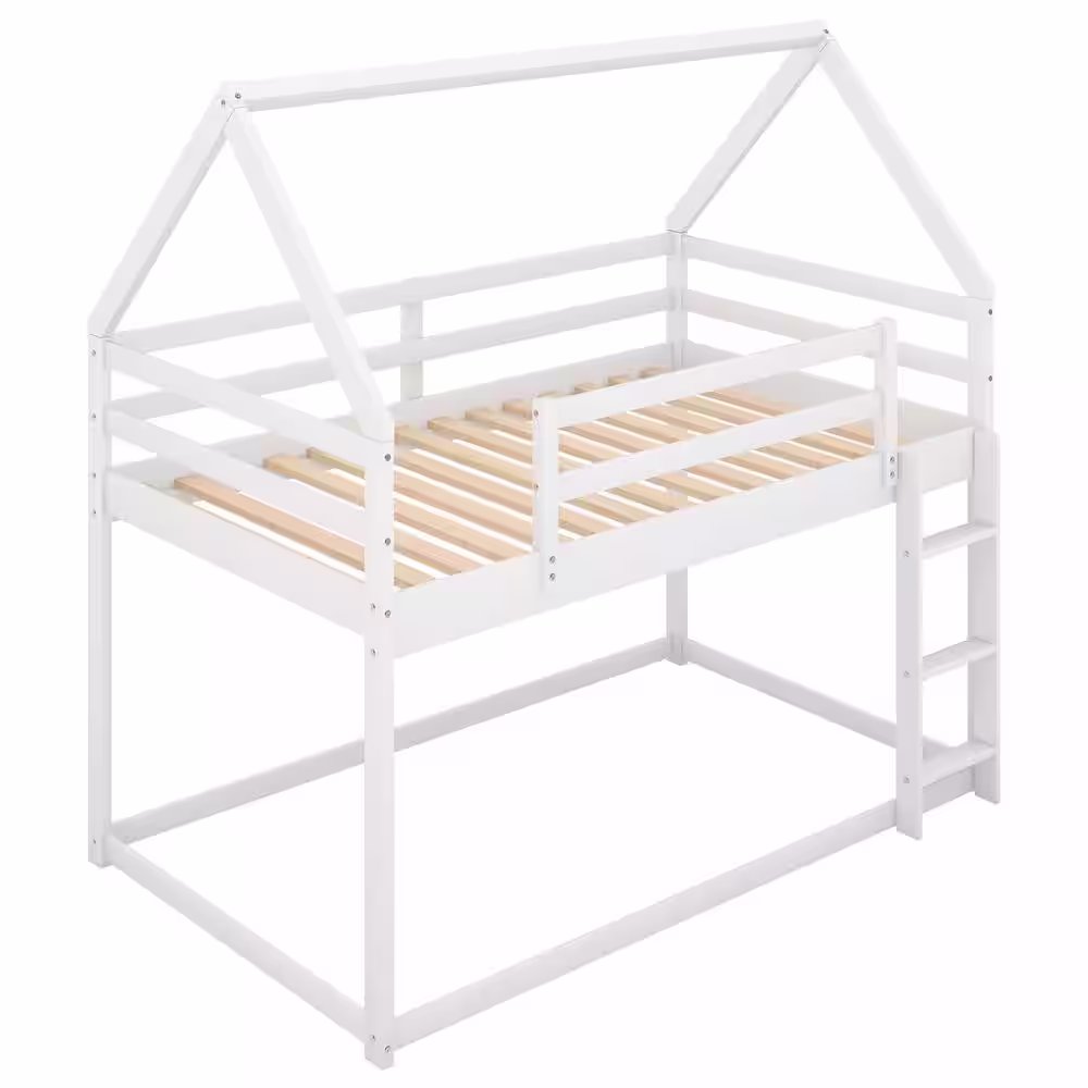 Harper & Bright Designs White Twin Over Twin Wood House Bunk Bed with Ladder
