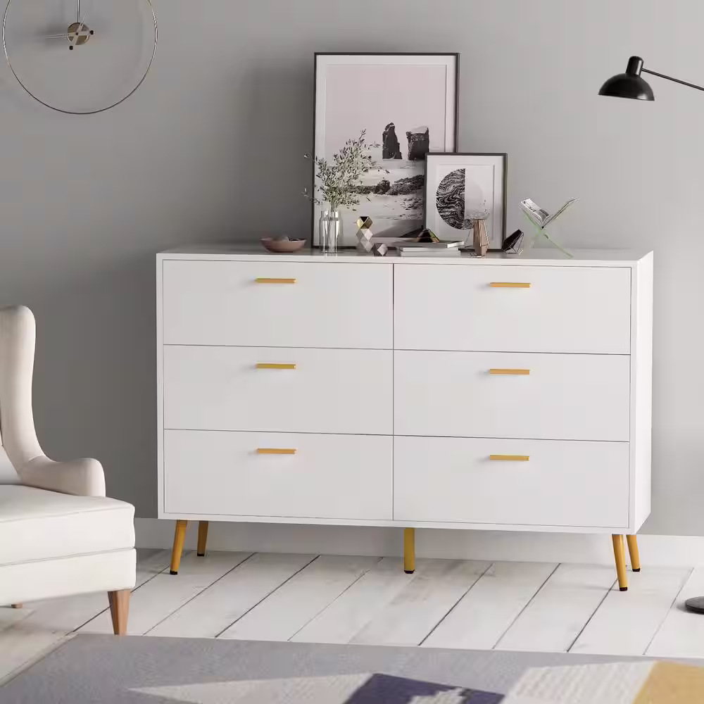 None 6-Drawers White Wood Dresser Storage Cabinet Organizer With Metal Leg 54 in. W x 15.6 in. D x 30.1 in. H