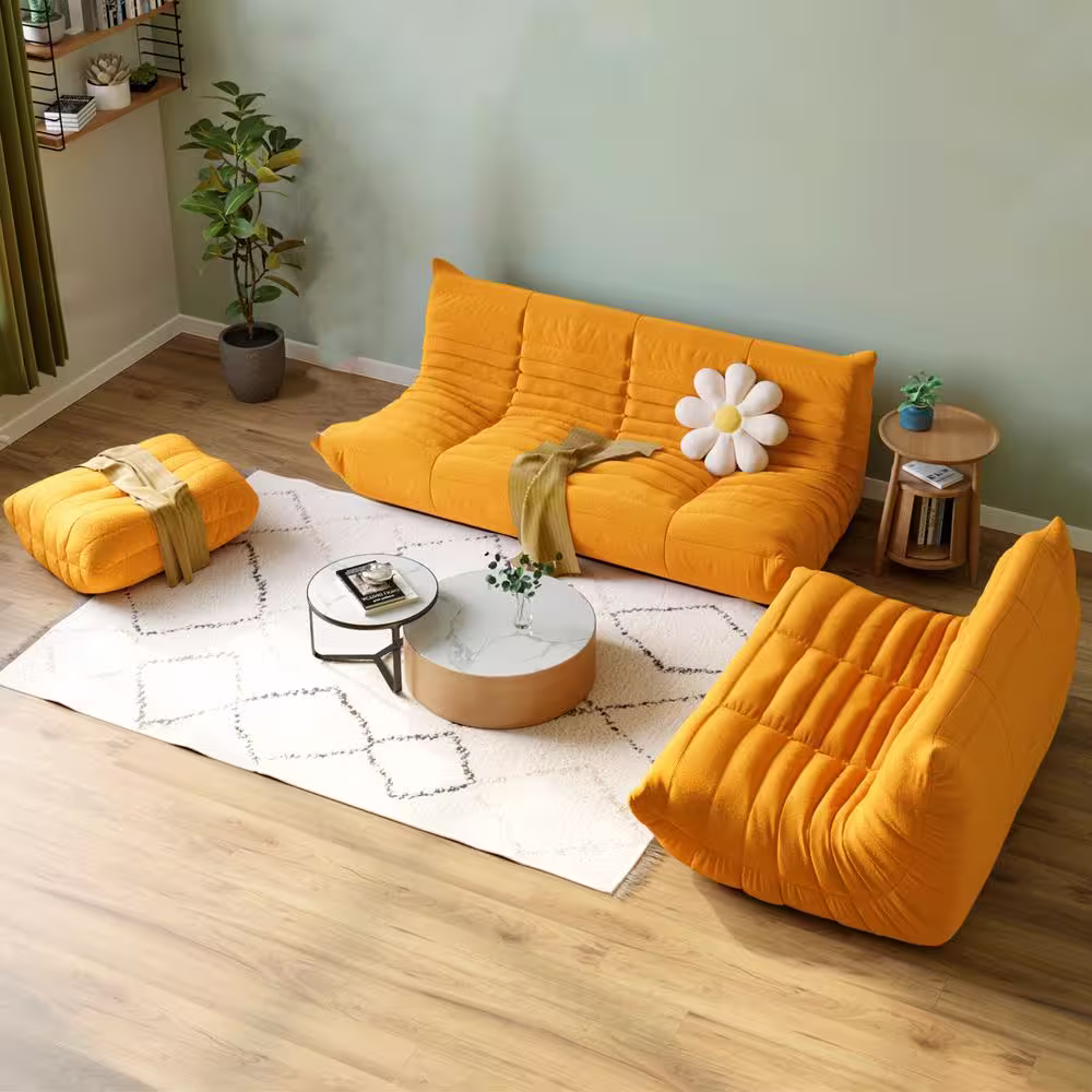 Magic Home 3 Pieces Bean Bag Teddy Velvet Top Thick Seat Living Room Lazy Sofa in Yellow (2 Seater + 3 Seater + Ottoman )
