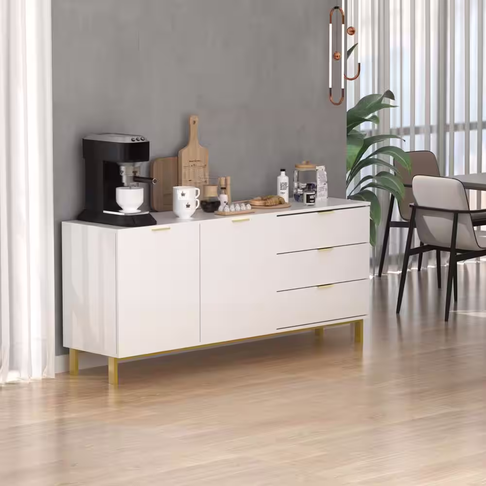 None 62.9 in. W White Paint Sideboard Kitchen Buffet Cupboard with Drawers and Shelves, Metal Legs