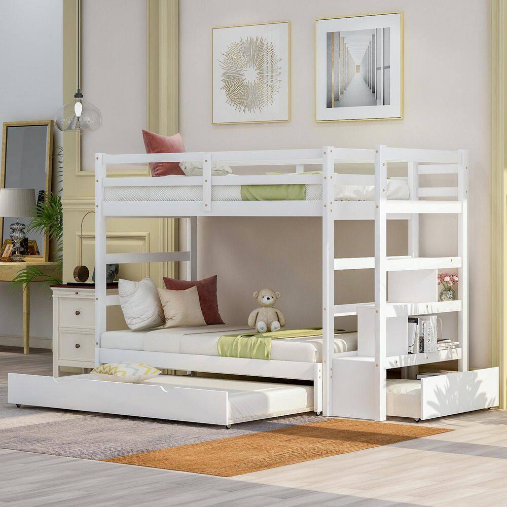 None White Twin Over Twin/King (Irregular King) Bunk Bed with Twin Trundle, Extendable Bunk Bed