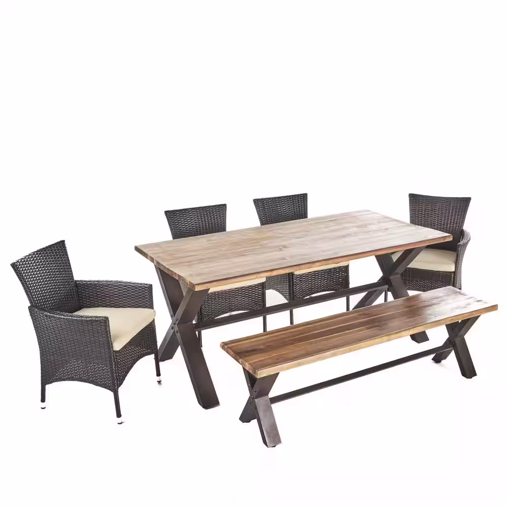 Noble House Greta 6-Piece Acacia Wood Rectangular Outdoor Dining Set with Bench and Beige Cushions