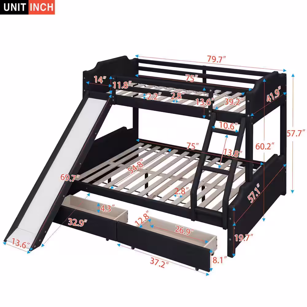 Harper & Bright Designs Black Twin over Full Upholstery Bunk Bed with Ladder, Slide and 2 Drawers