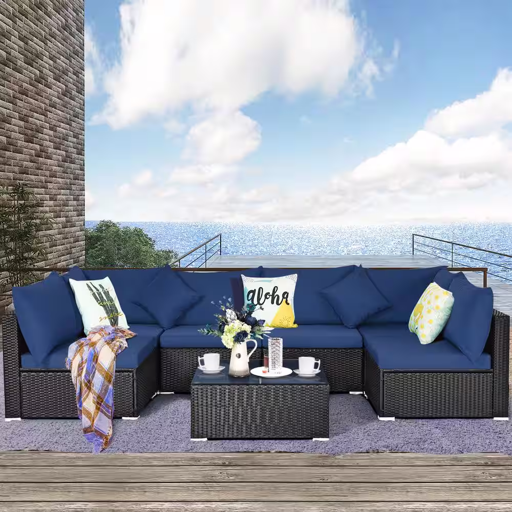 Costway 7-Piece Wicker Patio Conversation Set with Navy Cushions and Table