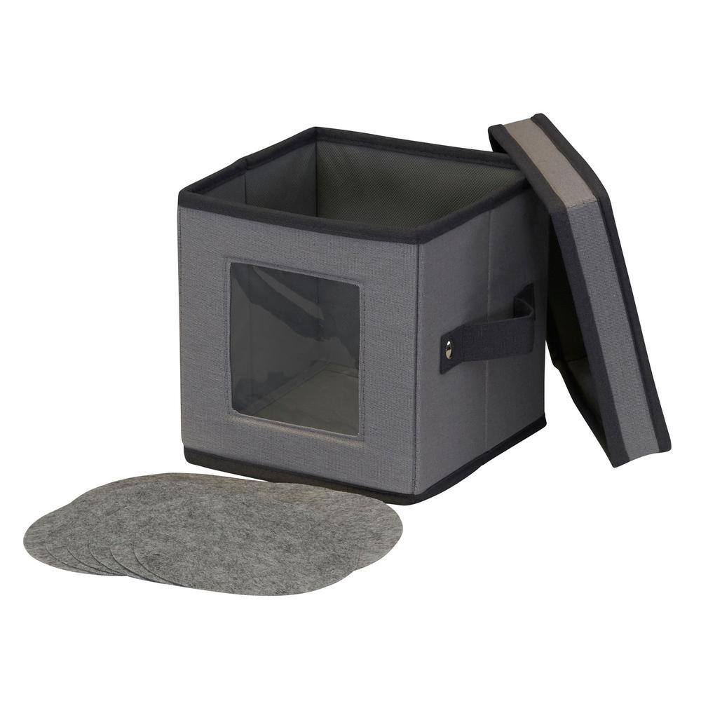 HOUSEHOLD ESSENTIALS 8 Qt. Saucer Storage Box, Holds 12 Saucers with Felt Protectors, Windowed Panel, 2 Riveted Handles in Gray