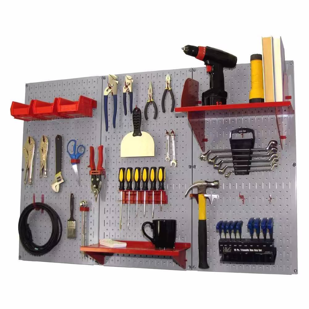 Wall Control 32 in. x 48 in. Metal Pegboard Standard Tool Storage Kit with Gray Pegboard and Red Peg Accessories