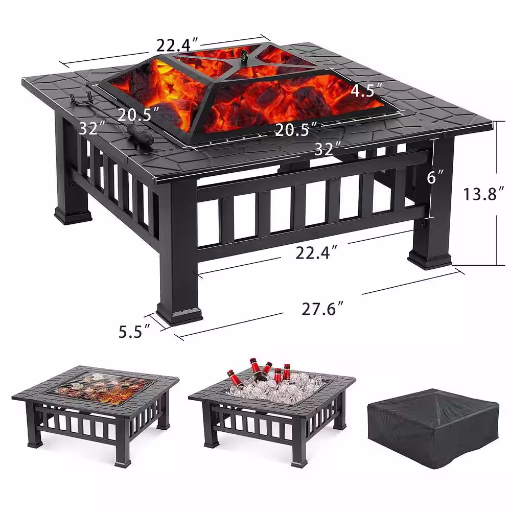 None Metal 32 inch Charcoal Fire Pit with Cover in Black