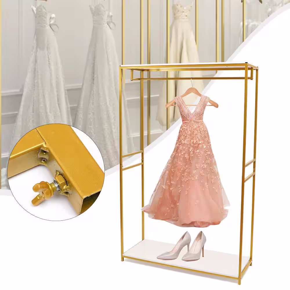 None Creative Retail Heavy Duty Metal Gold Clothes Rack Wedding Dress Display stand with Shelves 47 in. W x 74 in. H