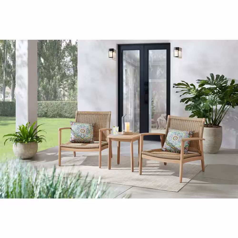 Hampton Bay Laurelwood 3-Piece Eucalyptus Conversation Set with CushionGuard Almond Tan Cushions