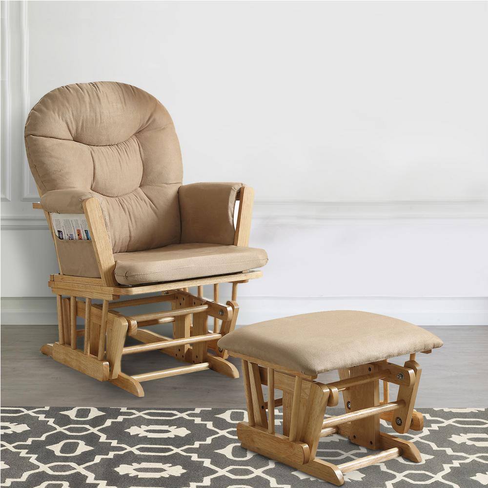 Benjara Rehan Glider Brown and Natural Oak Chair and Ottoman (2 Piece pack)