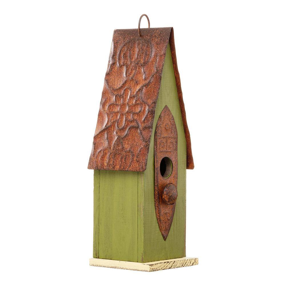 Glitzhome 13.25 in. H Wood Green Solid Distressed Birdhouse
